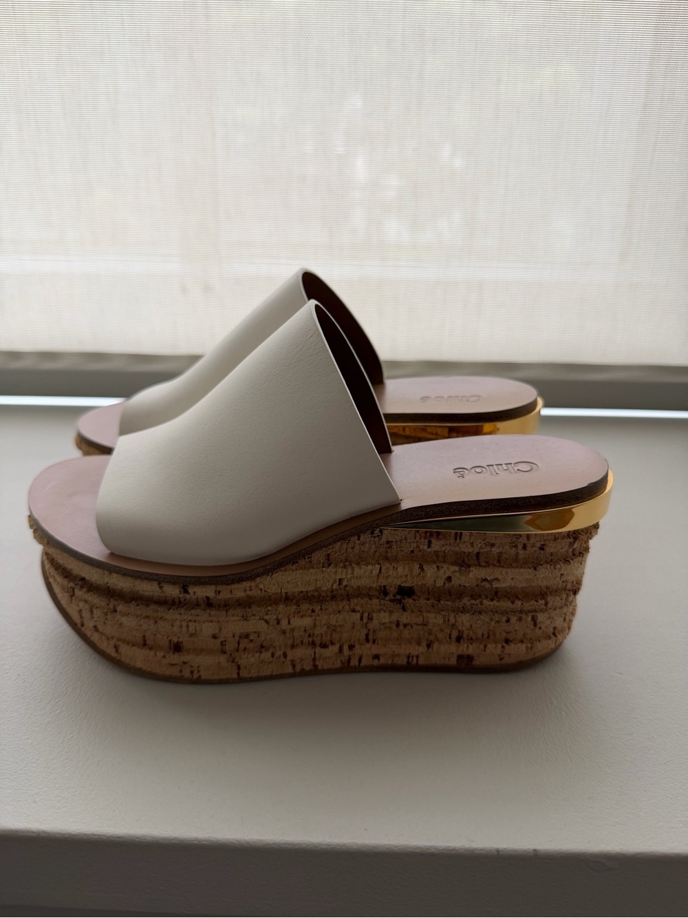 Chloe White Leather Slide Wedge Sandals, size 36